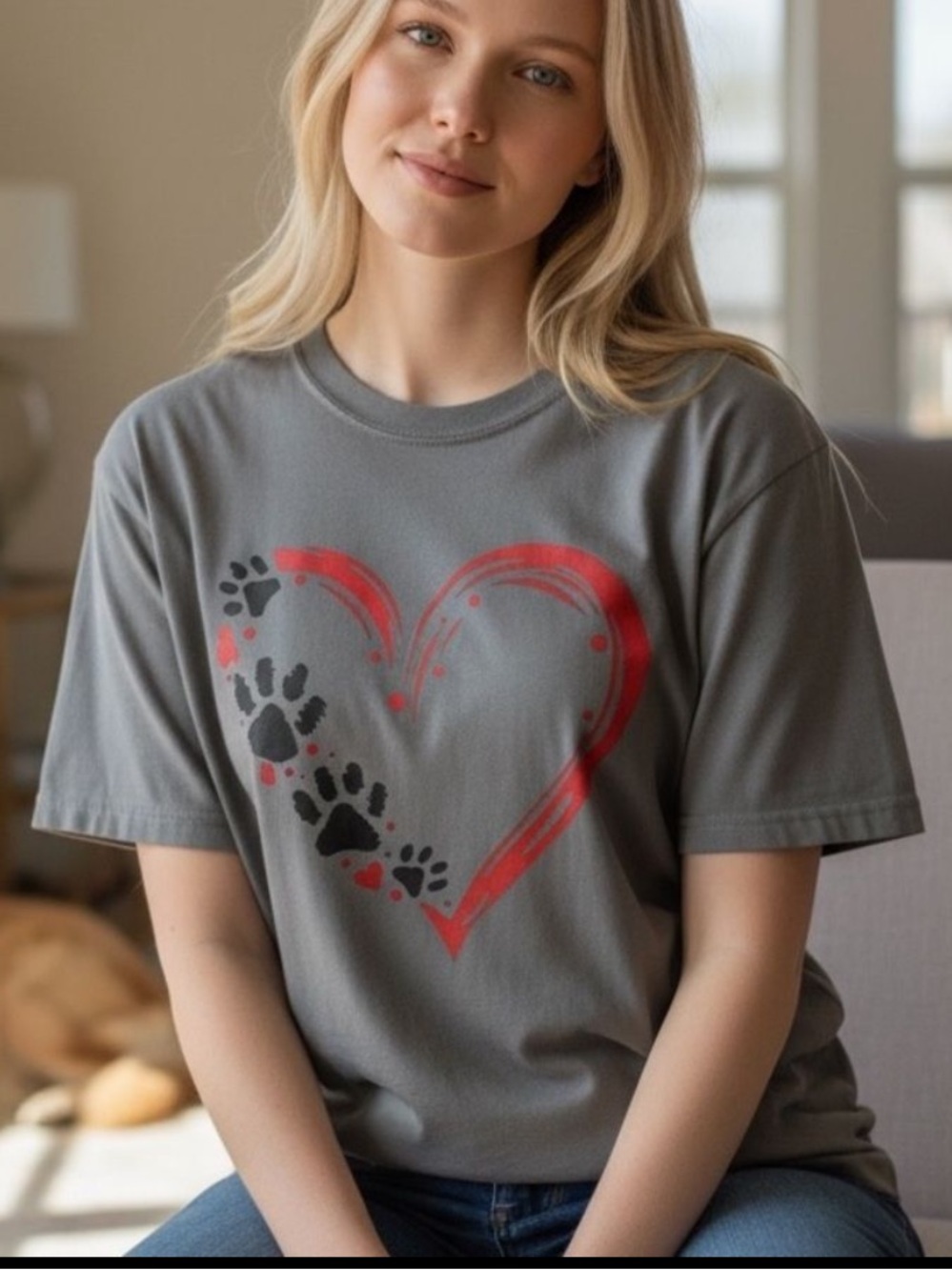 Dog Mom Paw Print Heart Graphic Tee Women’s Large Grey Red Gift